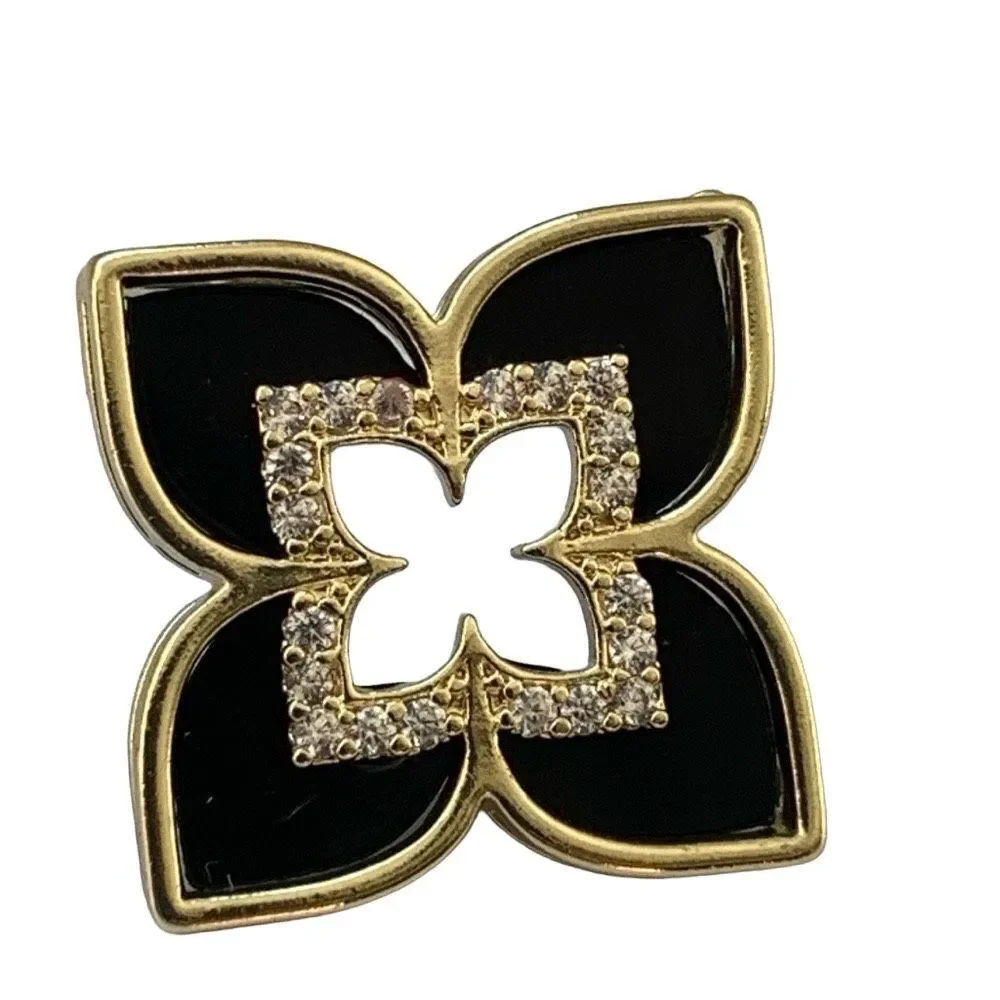 Black Enamel Quatrefoil Flower Stud Earrings with Crystal Accents
